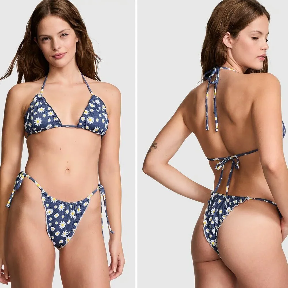 New! PINK x Frankie's Bikinis Blue/White Daisy Reign Bikini Bottom 3733
